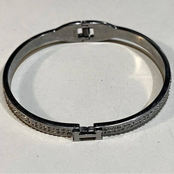 Thin H-Shaped CZ Bangle 316L see inside stamp slip on style hinge to open - Picture 3 of 7